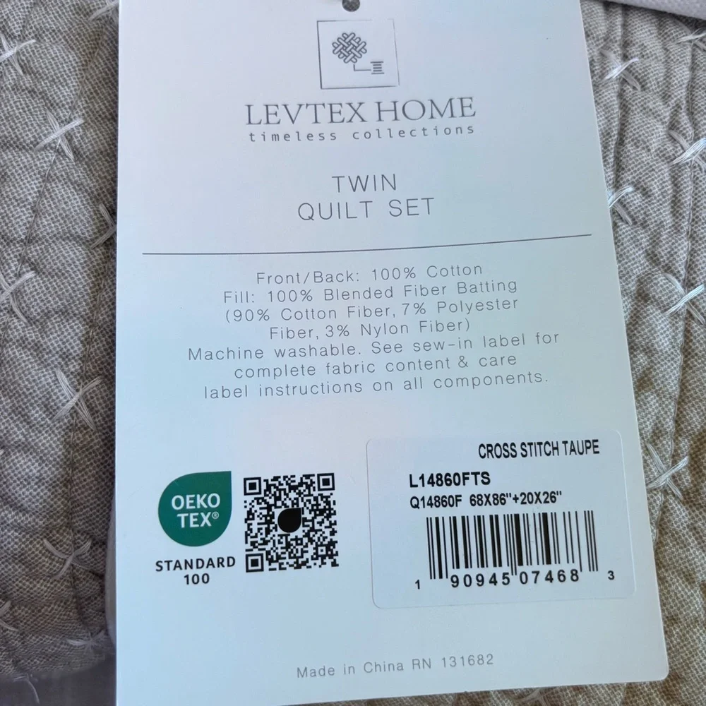 Levtex Home - Cross Stitch Taupe Quilt Set - Twin/Twin XL Quilt +One Pillow Sham